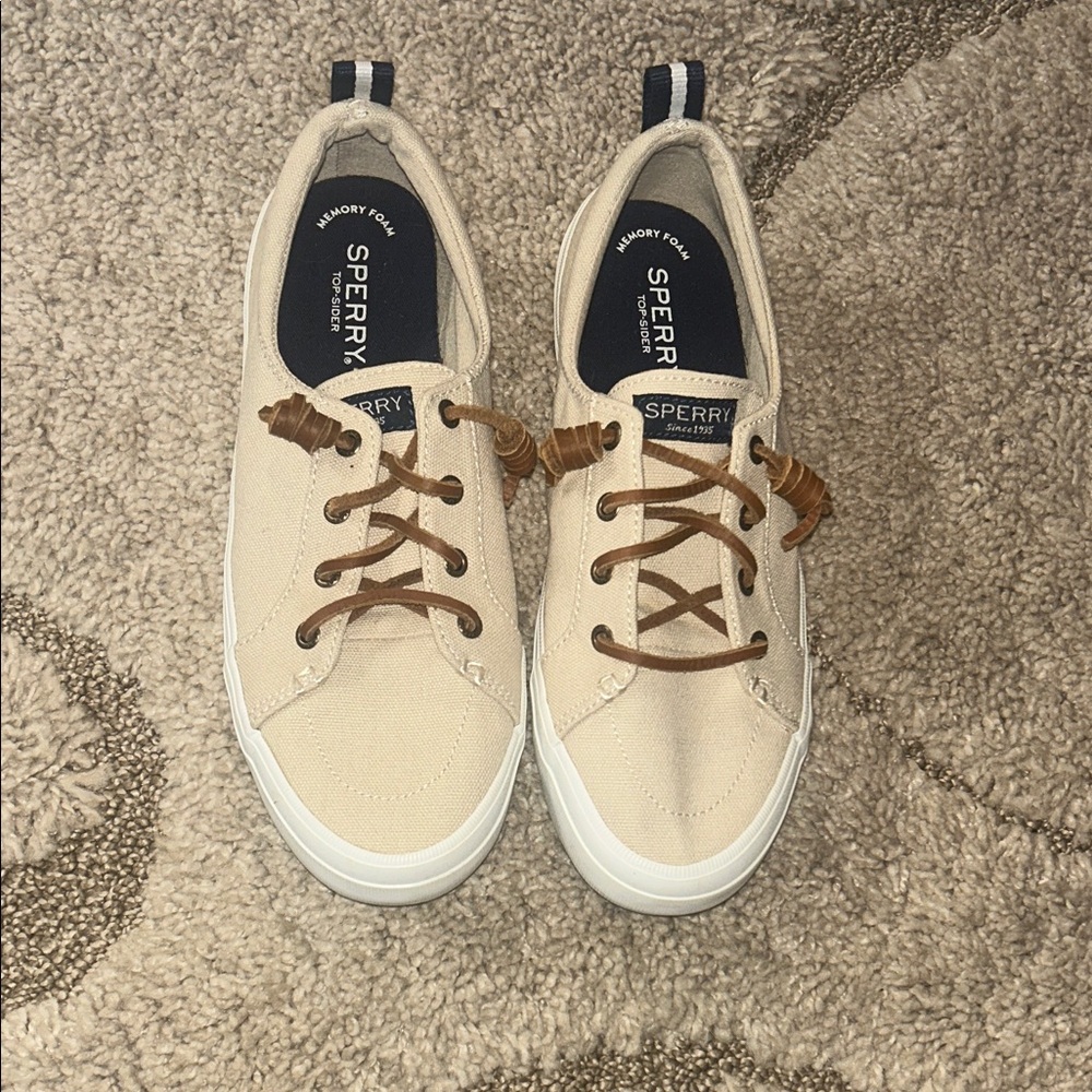 Sperry Cream Canvas Low-Top Sneakers with Brown Laces